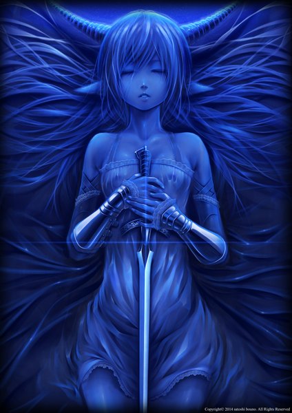 Anime picture 2480x3506 with original bouno satoshi single long hair tall image looking at viewer highres light erotic bare shoulders blue hair eyes closed horn (horns) pointy ears girl dress weapon detached sleeves sword