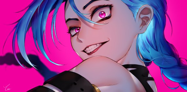 Anime picture 1780x880 with league of legends jinx (league of legends) tero (terotero3187) single long hair highres simple background smile wide image blue hair upper body braid (braids) pink eyes lipstick grin pink background red lipstick crazy eyes girl