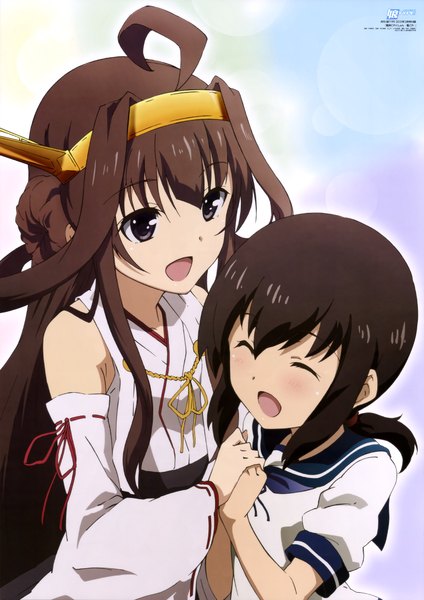 Anime picture 6086x8615 with kantai collection kongou battleship fubuki destroyer long hair tall image highres open mouth black hair smile brown hair multiple girls absurdres ahoge eyes closed black eyes official art nontraditional miko girl hair ornament 2 girls