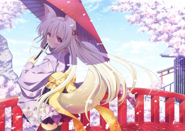 Anime picture 3300x2340 with original eshi 100-nin ten nanao naru single long hair looking at viewer blush fringe highres blonde hair smile hair between eyes holding brown eyes animal ears absurdres sky cloud (clouds) tail traditional clothes