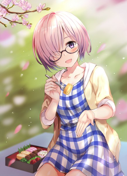 Anime picture 1000x1381 with fate (series) fate/grand order mash kyrielight harimoji single tall image looking at viewer blush fringe short hair open mouth sitting purple eyes pink hair outdoors :d hair over one eye cherry blossoms plaid spring