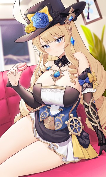 Anime picture 2651x4409 with genshin impact navia (genshin impact) uka (315302627) single long hair tall image looking at viewer blush fringe highres breasts blue eyes light erotic blonde hair smile large breasts sitting bare shoulders cleavage blunt bangs