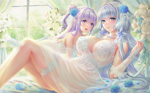 Anime picture 3553x2203 with azur lane illustrious (azur lane) unicorn (azur lane) pafekui long hair looking at viewer blush fringe highres breasts open mouth blue eyes light erotic smile wide image large breasts purple eyes multiple girls signed absurdres