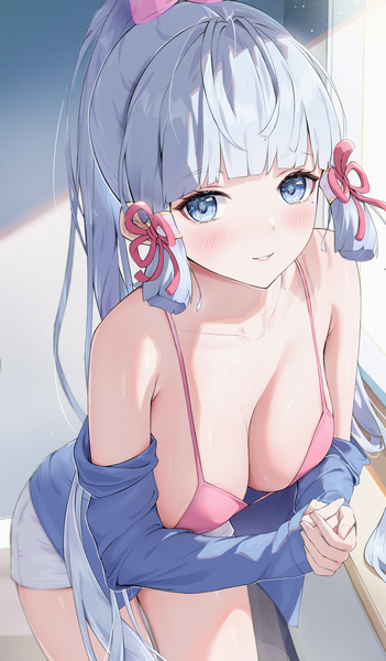 Anime picture 1411x2413 with genshin impact kamisato ayaka rosumerii single tall image looking at viewer blush fringe breasts blue eyes light erotic large breasts standing cleavage silver hair ponytail indoors blunt bangs long sleeves very long hair