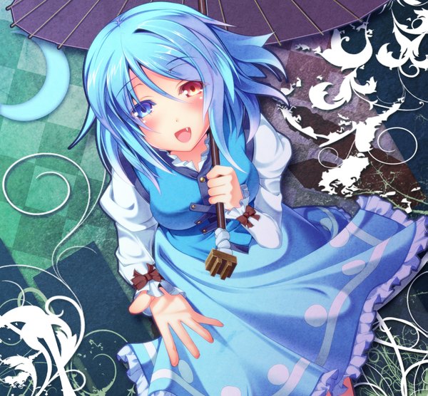 Anime picture 1559x1446 with touhou tatara kogasa dragoner single looking at viewer blush short hair blue hair teeth fang (fangs) heterochromia girl dress umbrella