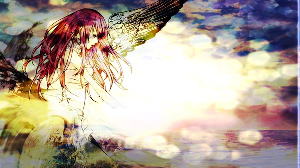 Anime picture 2112x1188 with vocaloid megurine luka origa (artist) single long hair highres blue eyes wide image bare shoulders pink hair sky cloud (clouds) girl dress wings choker water