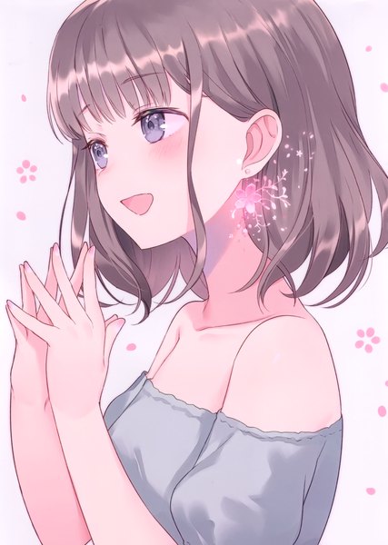 Anime picture 2091x2935 with original achiki single tall image looking at viewer blush fringe highres short hair open mouth simple background brown hair purple eyes bare shoulders upper body blunt bangs :d scan off shoulder grey background