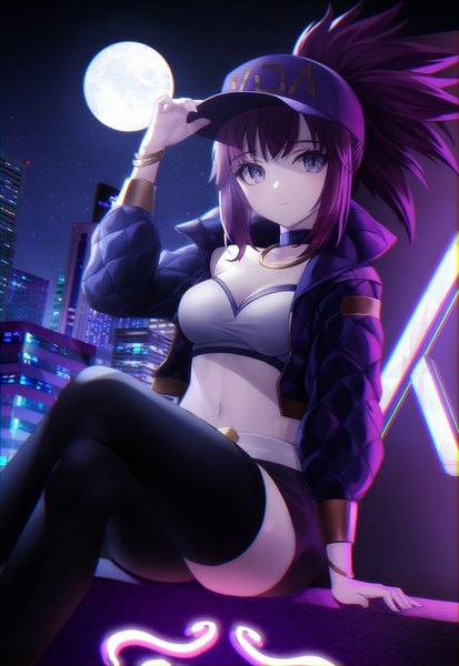Anime picture 2066x3000 with league of legends k/da (league of legends) akali (league of legends) k/da akali kimhu94 single long hair tall image looking at viewer blush fringe highres breasts blue eyes sitting payot purple hair outdoors long sleeves arm up