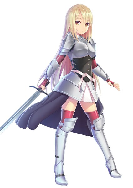 Anime picture 708x1000 with original ihara asta single long hair tall image looking at viewer blonde hair simple background white background yellow eyes no nose girl thighhighs weapon sword boots armor armored dress