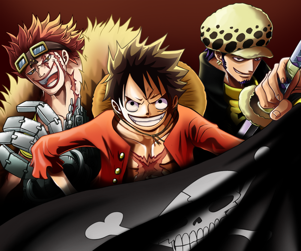 Anime picture 1000x834 with one piece toei animation monkey d. luffy trafalgar law eustass kid choparini short hair open mouth black hair smile brown hair holding brown eyes black eyes open jacket multiple boys teeth piercing coloring ear piercing