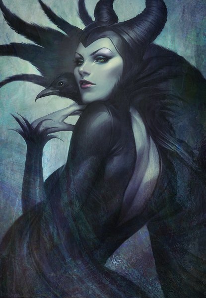 Anime picture 831x1200 with sleeping beauty maleficent artgerm (stanley lau) single tall image looking at viewer simple background green eyes long sleeves horn (horns) realistic wide sleeves shadow lipstick eyeshadow red lipstick makeup girl dress animal