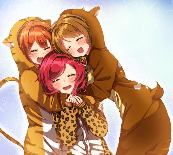 Anime picture 1320x1188 with love live! school idol project sunrise (studio) love live! nishikino maki hoshizora rin koizumi hanayo yuama (drop) blush short hair open mouth smile brown hair multiple girls purple hair eyes closed :d orange hair hug sleeves past wrists ^ ^