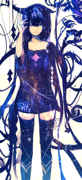 Anime picture 1292x2816 with original tarbo (exxxpiation) single tall image looking at viewer fringe short hair blue eyes hair between eyes standing purple hair blunt bangs one eye closed horn (horns) wide sleeves zettai ryouiki starry sky print double exposure girl thighhighs