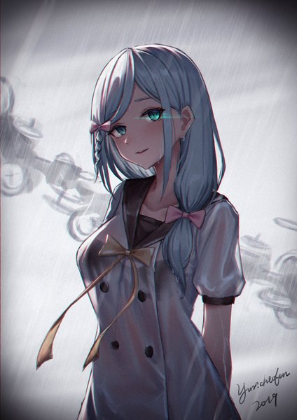 Anime picture 1060x1500 with granbelm hakamada suishou yurichtofen single long hair tall image looking at viewer blush fringe breasts light erotic standing signed payot silver hair upper body braid (braids) parted lips head tilt aqua eyes