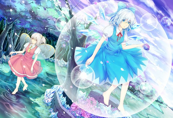 Anime picture 1181x807 with touhou cirno daiyousei hongmao looking at viewer short hair blue eyes multiple girls brown eyes blue hair white hair barefoot girl flower (flowers) bow 2 girls plant (plants) hair bow petals wings