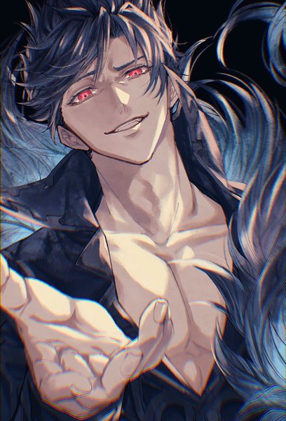 Anime picture 696x1024 with granblue fantasy belial (granblue fantasy) omotim000 single tall image looking at viewer fringe short hair black hair smile red eyes upper body grin muscle outstretched hand smirk evil grin boy fur