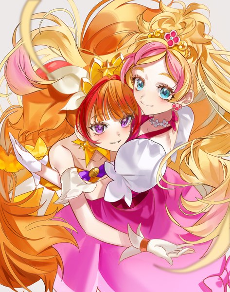 Anime picture 1576x2000 with precure go! princess precure toei animation amanogawa kirara cure twinkle haruno haruka cure flora nani (s2 nani) long hair tall image blue eyes blonde hair smile purple eyes multiple girls multicolored hair from above orange hair puffy sleeves streaked hair