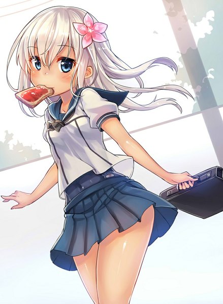 Anime picture 744x1016 with kantai collection ro-500 submarine ks single long hair tall image looking at viewer blush blue eyes holding white hair pleated skirt hair flower mouth hold toast in mouth girl skirt uniform hair ornament flower (flowers)