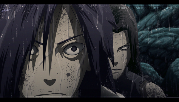 Anime picture 1571x900 with naruto studio pierrot naruto (series) uchiha madara senju hashirama lideralianzashinobi long hair black hair wide image black eyes multiple boys wet coloring torn clothes close-up rain hokage boy 2 boys