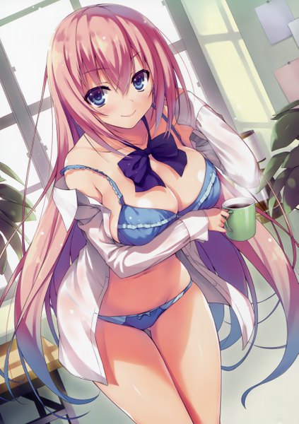 Anime picture 3482x4944 with youkoso jitsuryoku shijou shugi no kyoushitsu e ichinose honami (youjitsu) tomose shunsaku single long hair tall image looking at viewer blush fringe highres breasts blue eyes light erotic smile hair between eyes large breasts bare shoulders holding pink hair absurdres