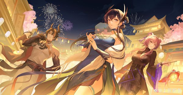 Anime picture 2000x1037 with arknights lin yuhsia (arknights) chong yue (arknights) cantabile (arknights) cantabile (illumination that of daylights) (arknights) chunhui lee long hair looking at viewer fringe highres short hair breasts black hair hair between eyes red eyes wide image large breasts standing multiple girls holding