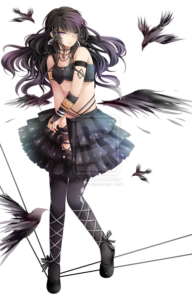 Anime picture 800x1232 with original raeinni single long hair tall image black hair simple background white background purple eyes bare shoulders purple hair girl skirt earrings animal choker bird (birds) crow