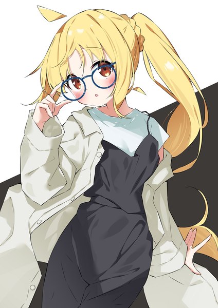 Anime picture 1448x2048 with bocchi the rock! cloverworks ijichi nijika suta0822 single tall image blush blonde hair red eyes ahoge very long hair :o side ponytail adjusting glasses bespectacled girl dress glasses black dress
