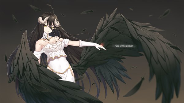 Anime picture 1920x1080 with overlord (maruyama) madhouse albedo (overlord) neps-l single looking at viewer fringe highres black hair simple background hair between eyes wide image bare shoulders yellow eyes ahoge very long hair horn (horns) outstretched arm dark background black wings