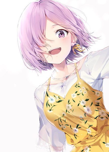 Anime-Bild 984x1376 mit fate (series) fate/grand order mash kyrielight porch5681 single tall image looking at viewer fringe short hair open mouth simple background white background purple eyes purple hair upper body :d hair over one eye teeth floral print girl