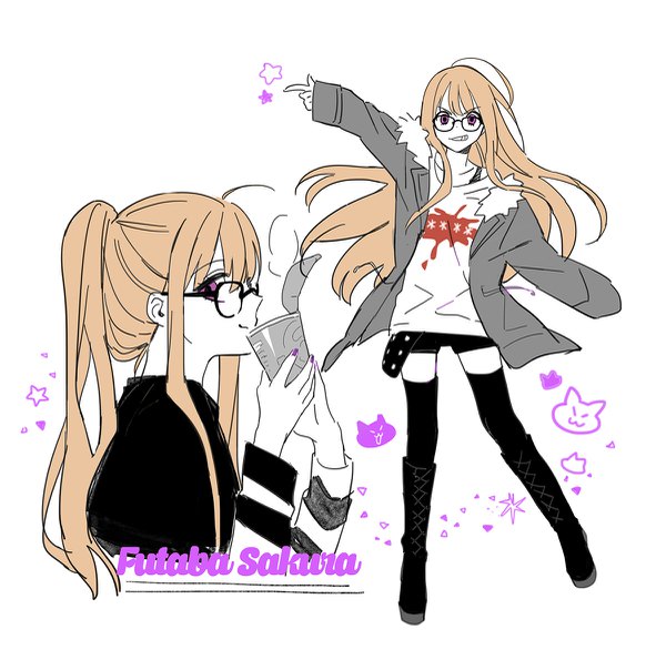 Anime picture 1200x1173 with persona 5 persona sakura futaba poti long hair looking at viewer simple background smile brown hair white background purple eyes payot ahoge ponytail nail polish profile open jacket character names multiview girl