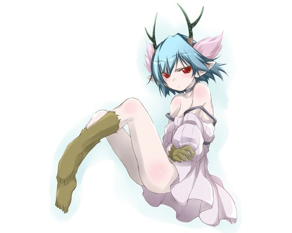 Anime picture 1024x819 with c: the money of soul and possibility control q (control) single short hair light erotic simple background red eyes white background bare shoulders blue hair horn (horns) pointy ears girl dress