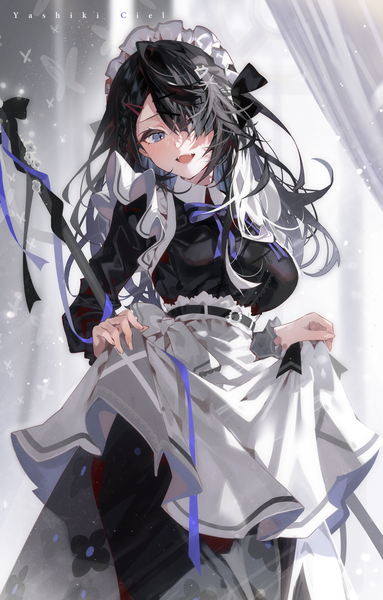 Anime picture 1852x2900 with virtual youtuber buisen yashiki ciel arutera single long hair tall image blush fringe highres breasts open mouth blue eyes black hair smile standing looking away :d hair over one eye maid