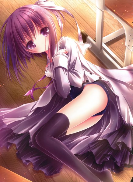 Anime picture 2462x3377 with ro-kyu-bu! project no.9 minato tomoka tinker bell single long hair tall image looking at viewer highres purple eyes purple hair lying loli one side up floor girl thighhighs black thighhighs swimsuit one-piece swimsuit