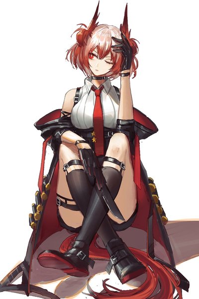 Anime picture 800x1200 with arknights fiammetta (arknights) luren max single tall image fringe breasts simple background hair between eyes red eyes white background sitting bare shoulders animal ears looking away full body bent knee (knees) ponytail red hair very long hair
