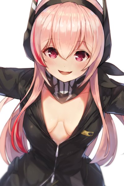 Anime picture 800x1200 with girls frontline m4 sopmod ii (girls frontline) motokonut single long hair tall image looking at viewer fringe breasts light erotic simple background hair between eyes white background pink hair cleavage upper body pink eyes from above no bra spread arms
