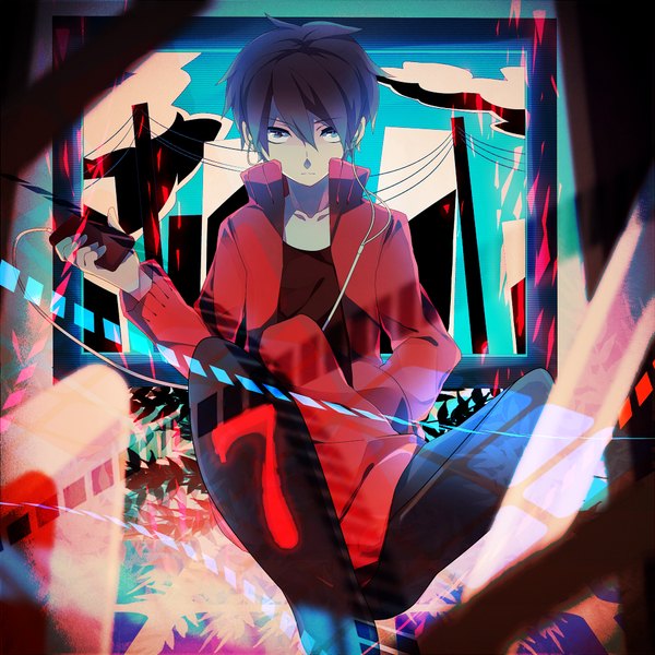 Anime picture 1000x1000 with kagerou project shaft (studio) kisaragi shintarou achiki single looking at viewer short hair black hair black eyes soles hand in pocket boy headphones wire (wires)