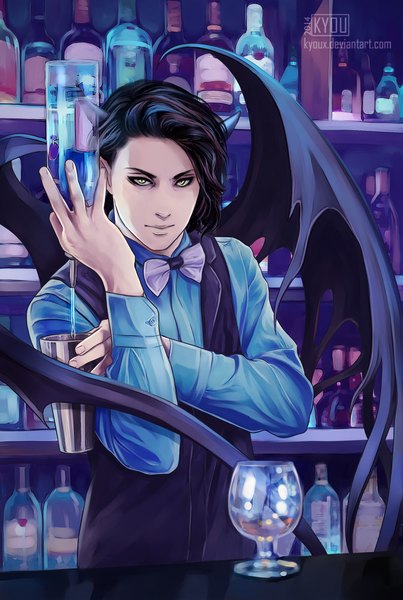 Anime picture 739x1100 with original kyoux (artist) single tall image looking at viewer short hair black hair yellow eyes horn (horns) demon wings demon demon boy boy shirt wings bowtie vest bottle drink wine glass