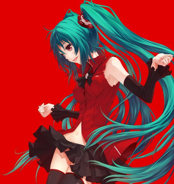 Anime picture 2081x2200 with vocaloid hatsune miku cola miku totuka single tall image highres open mouth red eyes twintails very long hair aqua hair red background girl thighhighs navel black thighhighs detached sleeves miniskirt headphones