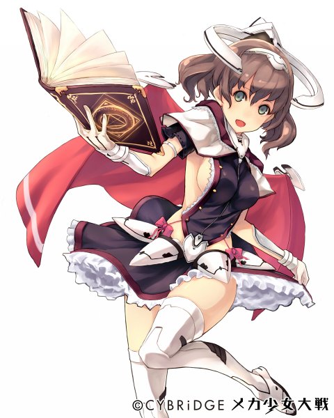 Anime picture 960x1200 with mecha shoujo taisen z keypot single tall image looking at viewer short hair breasts open mouth light erotic simple background brown hair white background green eyes no bra frilly skirt magical girl girl skirt gloves frills