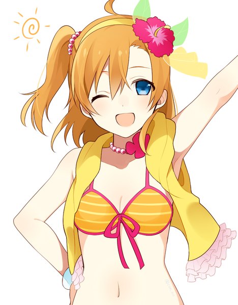 Anime picture 800x1024 with love live! school idol project sunrise (studio) love live! kousaka honoka chisumi single tall image looking at viewer blush fringe short hair open mouth blue eyes simple background hair between eyes white background ahoge one eye closed hair flower wink
