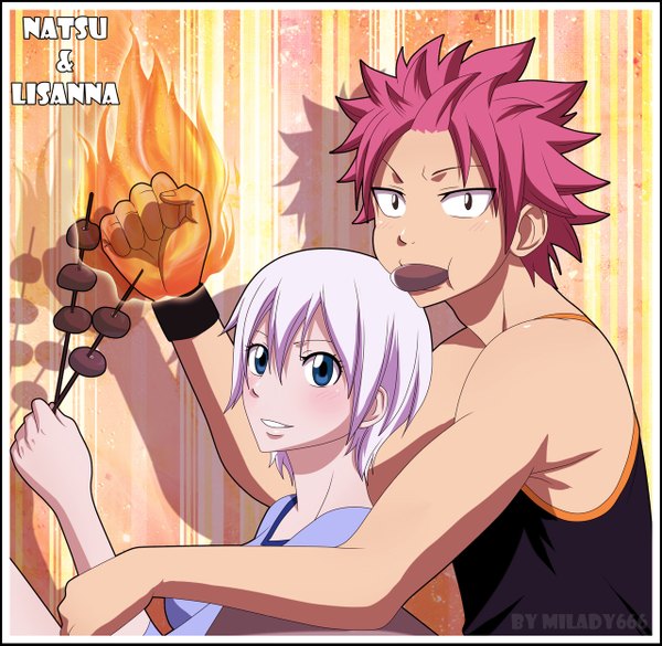 Anime picture 1280x1249 with fairy tail natsu dragneel lisanna strauss milady666 blush short hair blue eyes smile pink hair white hair black eyes inscription shadow hug mouth hold magic framed girl boy food