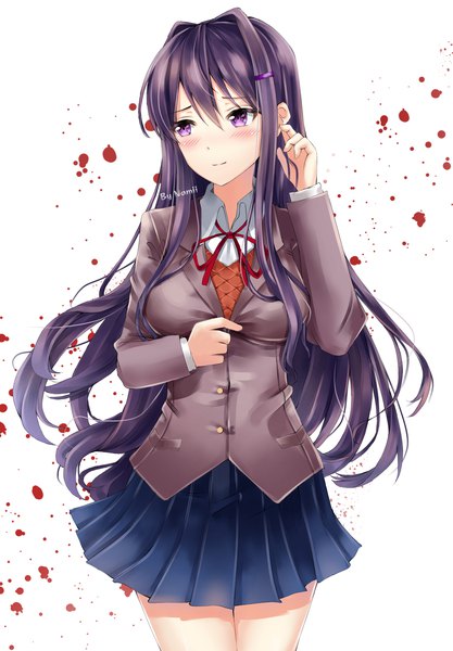 Anime picture 1600x2300 with doki doki literature club yuri (doki doki literature club) namii single long hair tall image blush fringe simple background hair between eyes white background purple eyes signed looking away purple hair pleated skirt adjusting hair girl skirt uniform