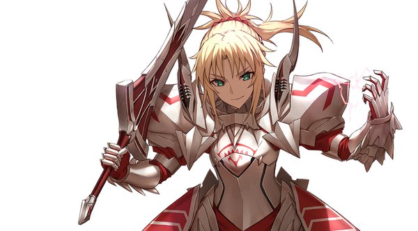 Anime picture 1444x800 with fate (series) fate/grand order mordred (fate) fame peera single long hair looking at viewer blonde hair simple background wide image white background holding green eyes upper body ponytail light smile girl weapon sword armor