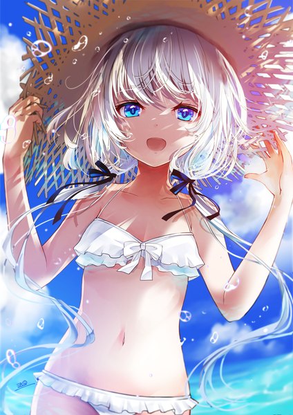 Anime picture 2480x3508 with original sanamisa single long hair tall image looking at viewer highres open mouth blue eyes light erotic smile standing twintails sky silver hair cloud (clouds) outdoors :d low twintails adjusting hat