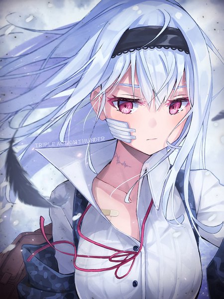Anime picture 975x1300 with girls frontline thunder (girls frontline) po-palm pot-palm single long hair tall image blush fringe breasts hair between eyes red eyes blue hair looking away sky silver hair upper body outdoors wind off shoulder