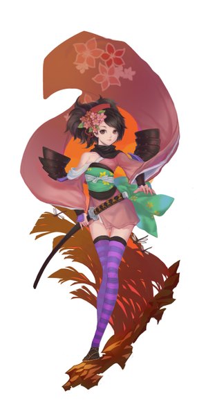 Anime picture 1426x3000 with oboro muramasa (game) vanillaware momohime quaanqin single tall image looking at viewer short hair black hair white background brown eyes long sleeves hair flower girl thighhighs hair ornament flower (flowers) weapon sword scarf