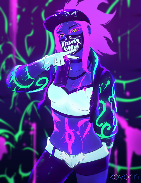 Anime-Bild 1024x1325 mit league of legends k/da (league of legends) akali (league of legends) k/da akali koyoriin single long hair tall image looking at viewer standing holding signed yellow eyes payot pink hair ponytail fingernails open jacket midriff dark background