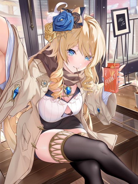 Anime picture 3800x5067 with genshin impact navia (genshin impact) maho shi ma single long hair tall image looking at viewer highres blue eyes light erotic blonde hair sitting holding absurdres indoors hair flower open clothes alternate costume thighs crossed legs