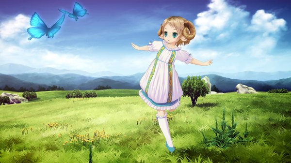 Anime picture 1280x720 with original blue eyes blonde hair wide image field 3d sheep girl flower (flowers) plant (plants) socks insect butterfly grass kanihira