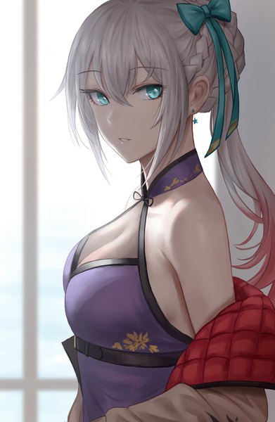 Anime picture 1300x1994 with girls frontline lwmmg (girls frontline) selcky single long hair tall image looking at viewer fringe hair between eyes cleavage silver hair upper body braid (braids) aqua eyes off shoulder turning head gradient hair girl bow hair bow